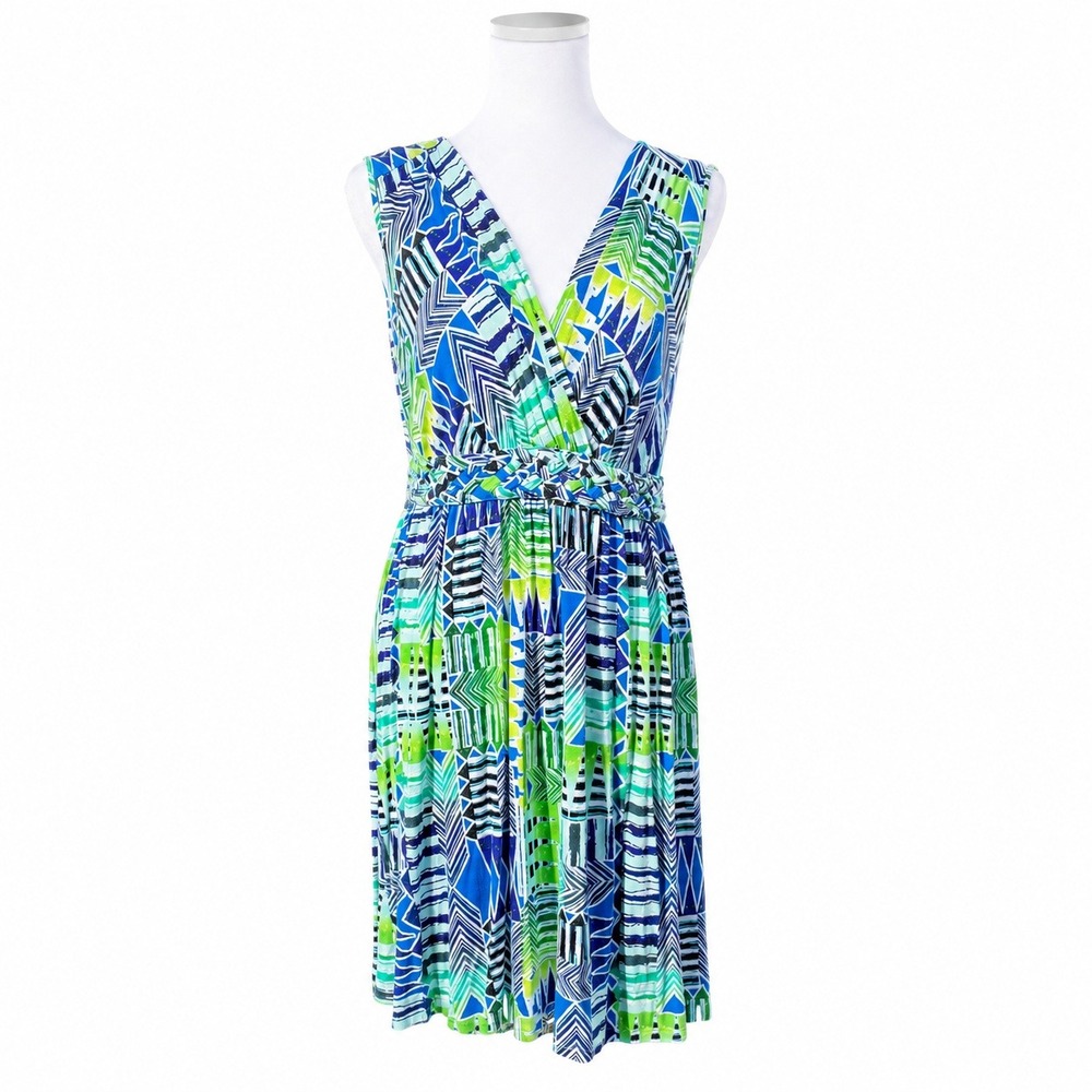 Spense Petite Blue Green Geometric Tribal Print Braided Waist Dress PL Excellent